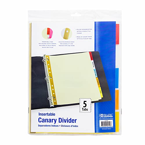 BAZIC Binder Dividers Canary Paper w/ 5 Insertable Color Tabs, 11 Hole Punch Index Divider for Ring Binders (5/Pack), 1-Pack