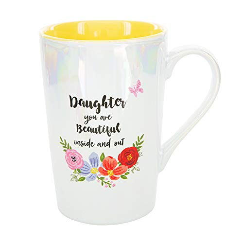 Pavilion Gift Company Daughter You Are Beautiful Inside And Out 15 Oz Stoneware Iridescent Floral Latte Coffee Cup Mug, White