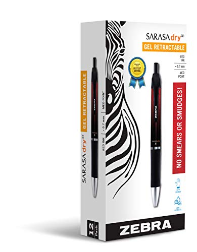 Zebra Pen 45630 Sarasa Dry X1 Retractable Gel Ink Pens, Medium Point 0.7mm, Red Rapid Dry Ink, 12-Count