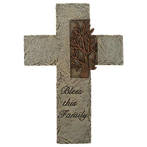 Roman Tree of Life Bless This Family Natural Brown 10 x 7 Resin Stone Wall Cross