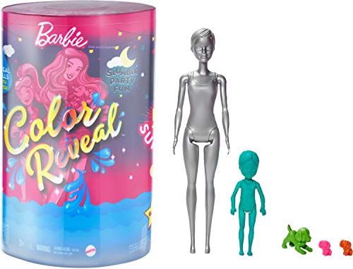 Mattel Barbie Color Reveal Set with 50+ Surprises Including 2 Dolls, 3 Pets & 36 Slumber Party-Themed Accessories; Water Reveals Dolls & Pets Looks & Creates Color Change on Certain Pieces; 28 Mystery Bags