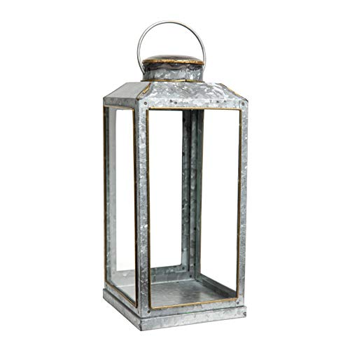 Danya B. 13" Alberta Galvanized Decorative Lantern for Indoor and Outdoor Use with Battery Operated LED Candles or Real, Hanging or Display for Decor or Weddings and Celebrations