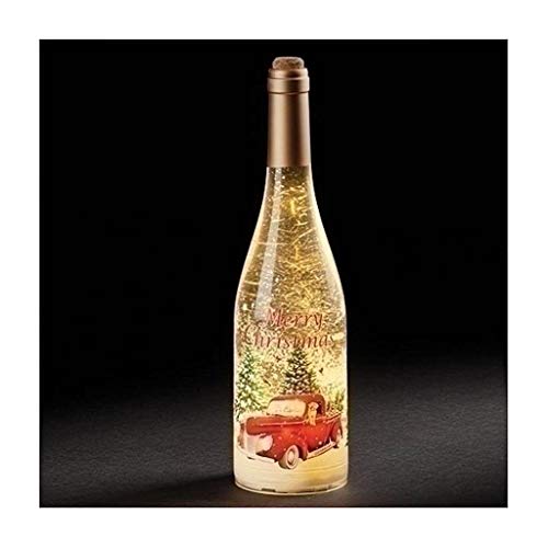 Roman 12-Inch LED Merry Christmas Wine Bottle with Truck Swirling Glitter Bottle