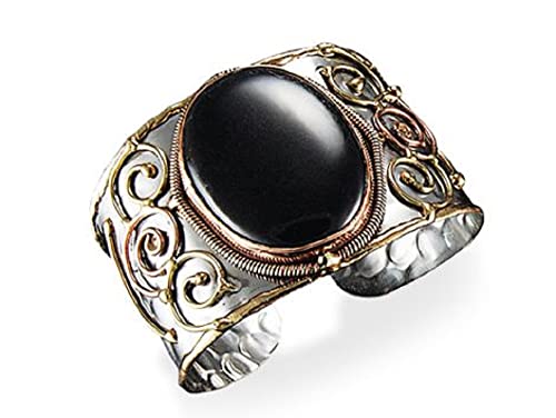 Anju Adjustable Cuff with Stainless Steel Base, Brass, Copper, and Black Onyx Stone for Women
