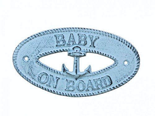 Hampton Iron Dark Blue Whitewashed Baby on Board with Anchor Sign 8"-Decorative Metal Wall Art-Cast Iron