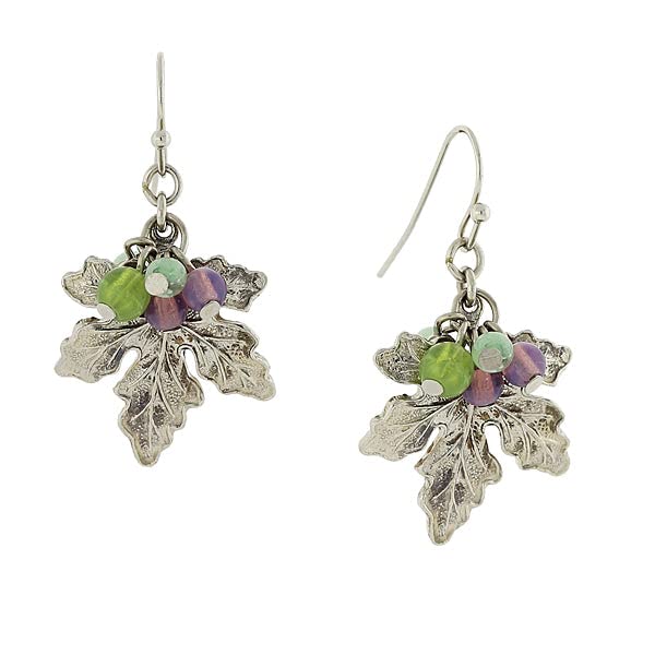 1928 Jewelry Grape Leaf Multi-Color Bead Accents Drop Earrings