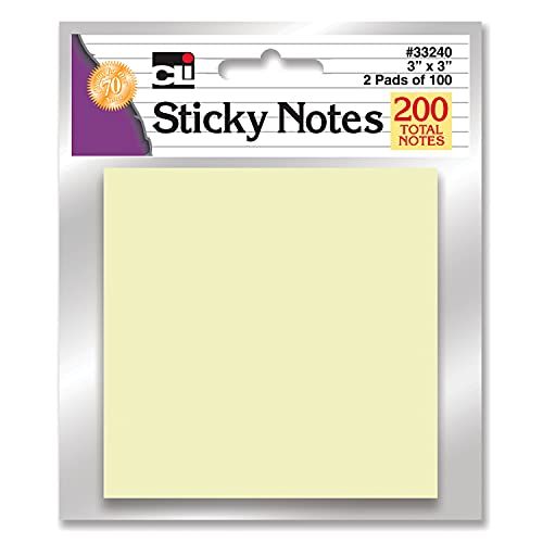 Charles Leonard Sticky Notes, 3" x 3", Yellow, 100 Sheets/Pad, 2 Pads