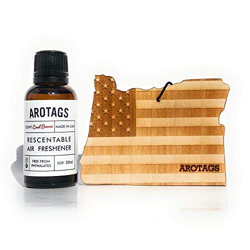 Arotags Oregon Patriot Wooden Car Air Freshener - Long Lasting Cool Breeze Scent Diffuses for 365+ Days - Includes Hanging Mirror Diffuser and Fragrance Oil - 100% American Made