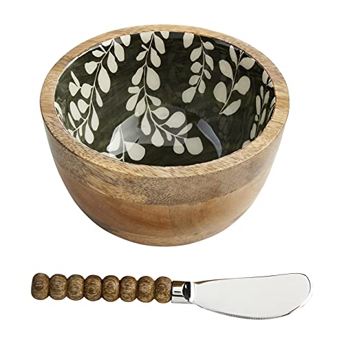 Mud Pie Leaf Dip Bowl Set, Green, dip 3" x 5" Diameter | spreader 6", Mango Wood