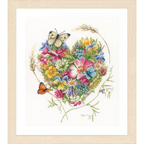 Vervaco LanArte Cross Stitch Embroidery Kits for Adults, Cross Stitch Preprinted with Embroidery Pattern on 100% Cotton and Embroidery Thread, 12,21 x 13,78 Inches - 31 x 35 cm, Heart of Flowers