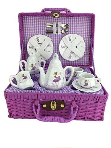 Delton Porcelain Tea Set in Basket, Purple Dancer