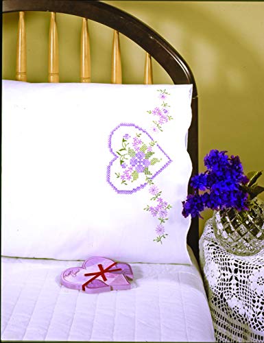 Design Works Crafts Tobin Stamped Pillowcase Pair Stamped Cross Stitch Kit for Embroidery, 20 by 30-Inch, Lilac Heart