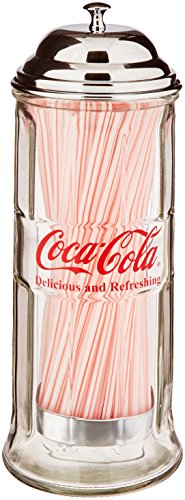 TableCraft's CC322 Coca-Cola Glass Straw Dispenser with Metal Lid
