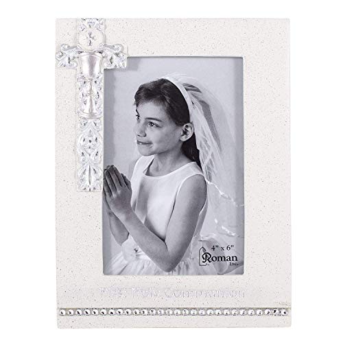 Roman 8" First Holy Communion White Frame with Silver Scroll Chalice Design - Holds 4x6 Photo