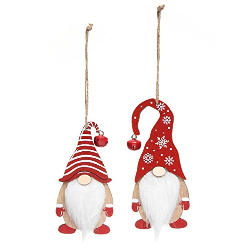 MeraVic Swedish Gnome Wood Ornament Red, White and Natural with Jingle Bell, White Fur Beard, and Twine Hanger, 4.75 Inches - Christmas Decoration