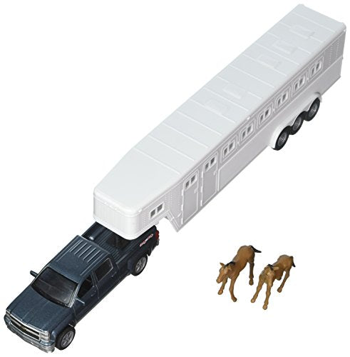 New Ray Toys Chevrolet 1:43 Longhauler Silverado 4X4 with Horse Trailer and Horse Figures