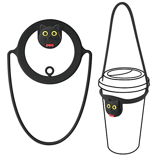 Bone Collection Bone Cup Tie, Portable Cup Carrier, To Go Cold Cup and Hot Cup, Drink Carrier for Coffee Cup Delivery, Reusable Takeout Silicone Coffee Carrier with Handle Tie - Miao Cat (Black)