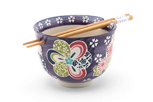 FMC Fuji Merchandise Summer Floral Bloom Design Quality Ceramic Ramen Udon Noodle Bowl with Chopsticks Gift Set 5 Inch Diameter