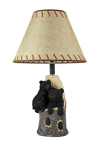 De Leon Collections Rustic Bear Cubs Tree Table Lamp Burlap Shade Decorative Desk Nightstand Light