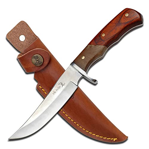 Master Cutlery Elk Ridge - Outdoors Fixed Blade Knife, 9.5-in Overall, Satin Finish Stainless Steel Blade, 2 Tone burl Wood Handle, Genuine Leather Sheath, Hunting, Camping, Survival - ER-085