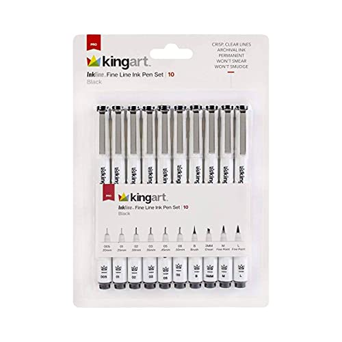 KINGART 430-10 Inkline Ink Assorted Tips Fine Line Pen (Set of 10), Black