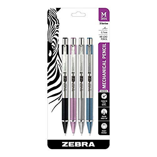 Zebra Pen M-301 Mechanical Pencil, Stainless Steel Barrel, Medium Point, 0.7mm, Assorted Color Grip, 4-Pack