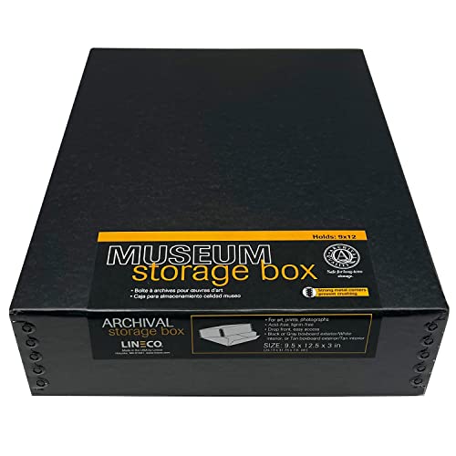 Lineco Black 9x12x3 Museum Storage Box Removable Lid and Drop Front Design. Archival Acid Free with Metal Edge. Protect Longevity, Store Photos, Documents, Cards, Magazines, Prints, DIY.