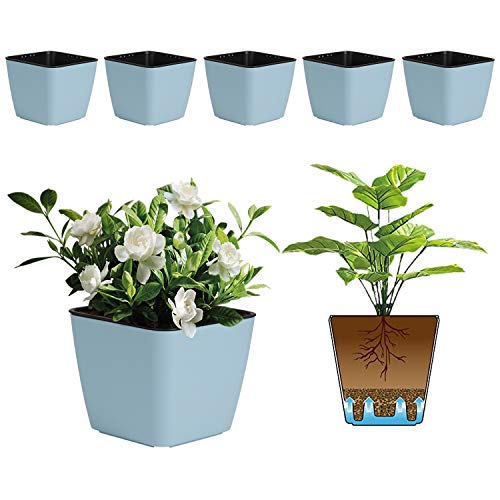 T4U 4 Inch Self Watering Plastic Planter with Liner Pack of 6 - Blue, Modern Decorative Small Planter Pot for House Plants, Aloe, Herbs, African Violets, Succulents and More