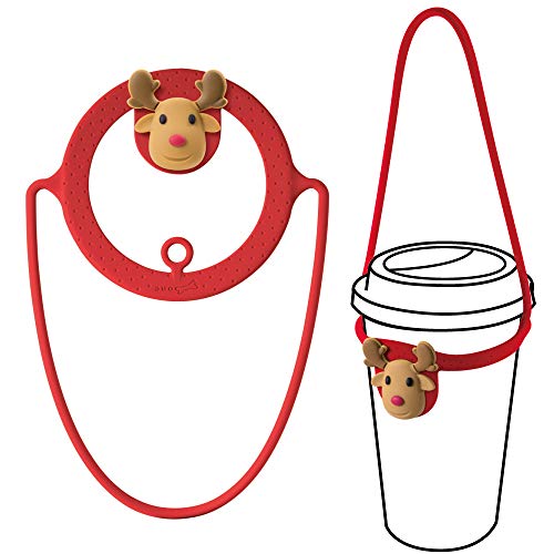 Bone Collection Bone Cup Tie, Portable Cup Carrier, To Go Cold Cup and Hot Cup, Drink Carrier for Coffee Cup Delivery, Reusable Takeout Silicone Coffee Carrier with Handle Tie - Mr. Deer (Red)