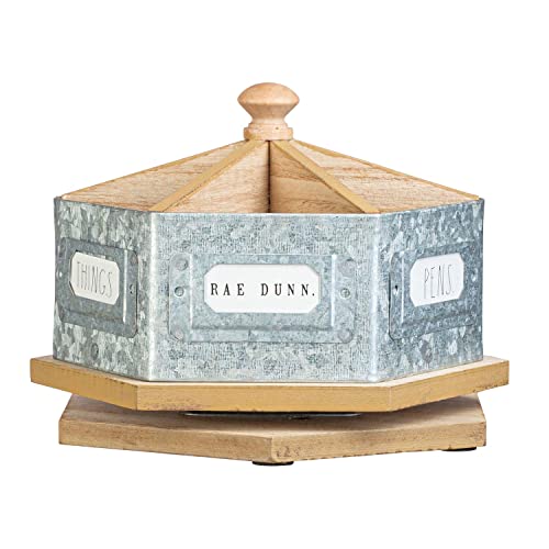 DesignStyles Rae Dunn Pencil Holder Cup - Spinning Metal Pen and Office Supplies 6 Compartment Desktop Organizer Caddy for Office Accessories - Great for Home, School, Classroom, Work - Round Design