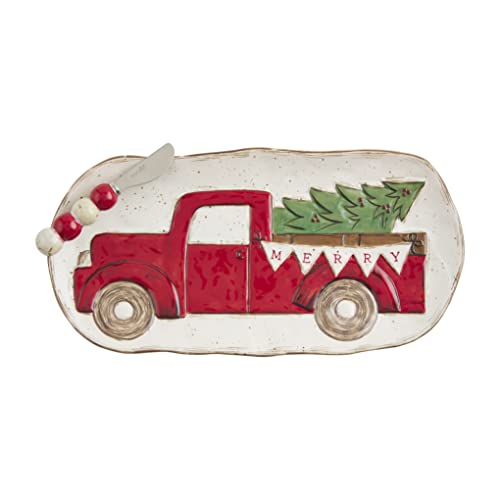 Mud Pie Christmas Hostess Plate and Spreader Set, Farmhouse Truck, 7.5" x 14.5", Stoneware