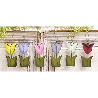 CWI Set of 6 Wood Tulip Hanging Ornaments - Farmhouse Country Decor - Spring Easter - Hearthside