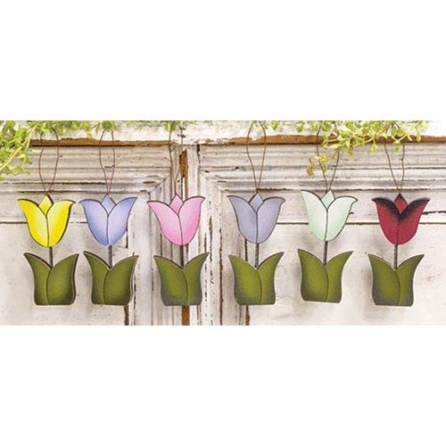 CWI Set of 6 Wood Tulip Hanging Ornaments - Farmhouse Country Decor - Spring Easter - Hearthside