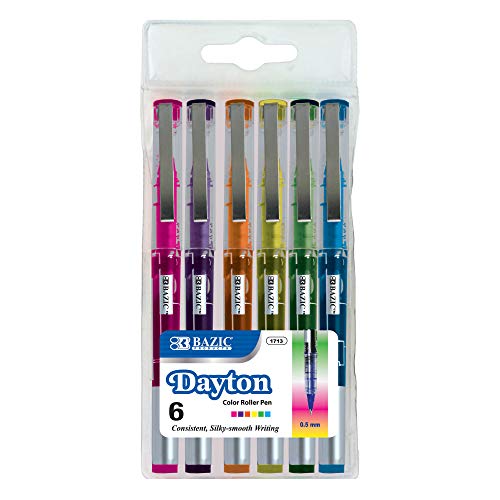 BAZIC 6 Color Dayton Rollerball Pen w/Metal Clip 0.7mm, Flowing Liquid Ink, Smooth Writing Rolling Ball Stick Pens, Assorted Colors, 1-Pack