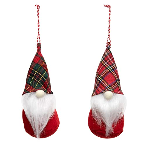MeraVic Holiday Plaid Gnome Mini Ornament Red/Green with Fabric Nose, White Beard and Red/White String Hanger, 6 Inches, Set of 2, Christmas Decoration