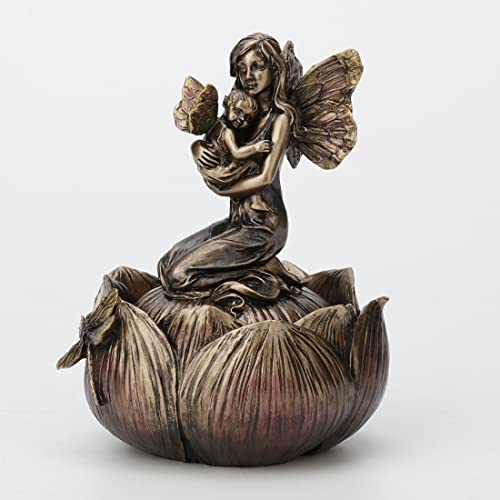 Unicorn Studio Veronese Design 5 3/4 Inch Mother Fairy Holding Baby Sitting on Flower Secret Resin Decorative Box