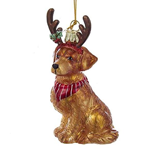 Kurt Adler Noble Gems Golden Retriever with Antlers Glass Ornament