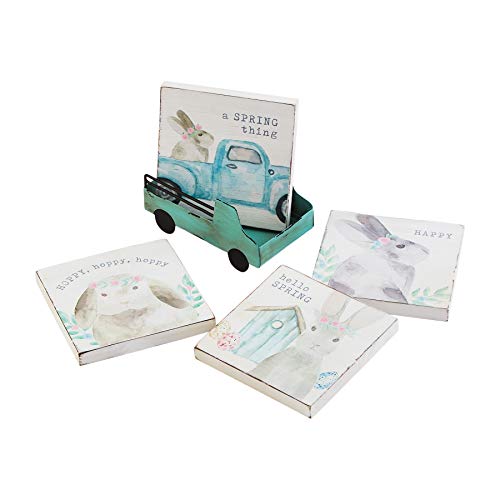 Mud Pie Wooden Bunny Coasters in Truck, 4" x 4" | truck 2" x 4 1/2",Multicolor