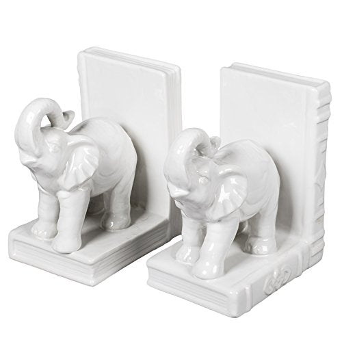 Drew Derose White Glazed Ceramic Elephants Bookend Set