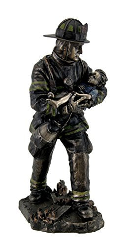 Unicorn Studio Resin Statues Firefighter Carrying Child Metallic Bronze Statue 11 Inches Tall 5 X 11 X 4.5 Inches Bronze