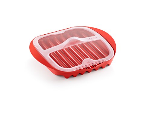 L√©ku√© Microwave Bacon Maker/Cooker with Lid, 11.02" L x 9.8" W x 2.3" H, Red