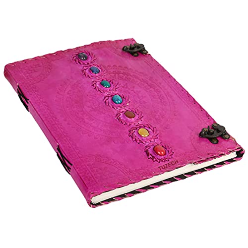 TUZECH Seven Chakra Medieval Stone Embossed Handmade Jumbo Leather Journal Book of Shadows Notebook Office Diary College Poetry Sketch (Pink, 13 Inches)