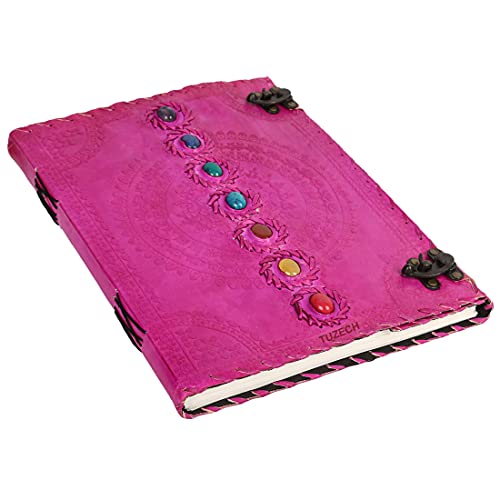 TUZECH Seven Chakra Medieval Stone Embossed Handmade Jumbo Leather Journal Book of Shadows Notebook Office Diary College Poetry Sketch (Pink, 18 Inches)