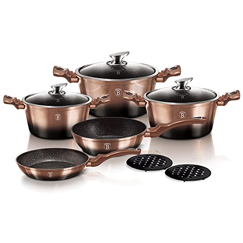 Berlinger Haus Kitchen Cookware Set - Precision Fit Tempered Glass Lids and Ergonomic Soft Touch Handle ‚Äì Include Black Bakelite mats, Casserole with Lid, Deep frypan, and Frypan - 10-Piece