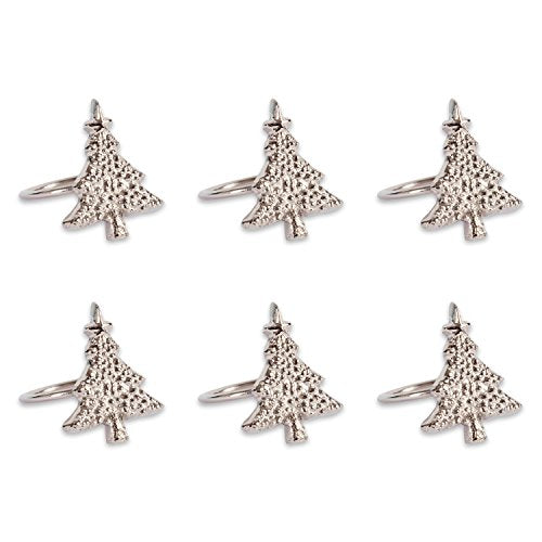DII Design Holiday Tabletop Collection Decorative Napkin Ring Set, Silver Christmas Tree, 6 Piece