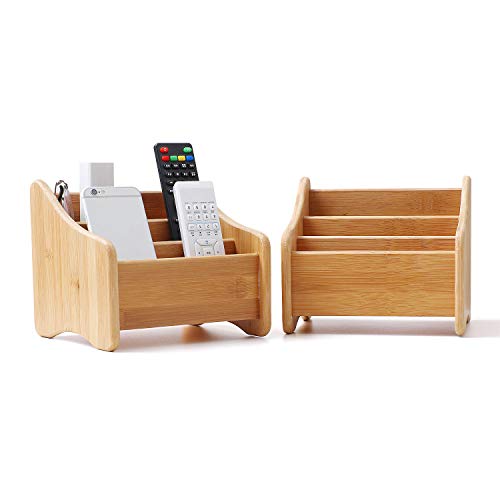 ComSaf Wood Desk Organizer Bamboo Remote Control Holder Caddy Storage Container with 3 Compartments for Pen Pencil Phone Eyeglasses Office Supplies Accessories Essentials