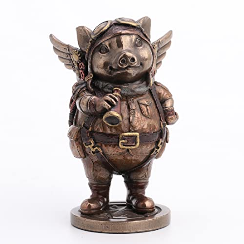 Unicorn Studio Steampunk Aviator Bronze Toned Flying Pig Figurine, 5 1/4 Inch