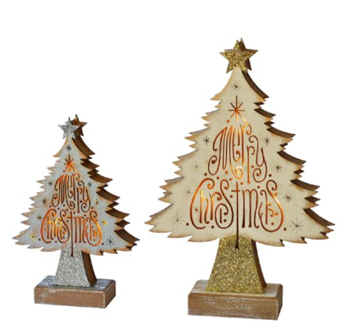 Ganz MX181270 Merry Christmas Light Up Carved Tree, Set of 2