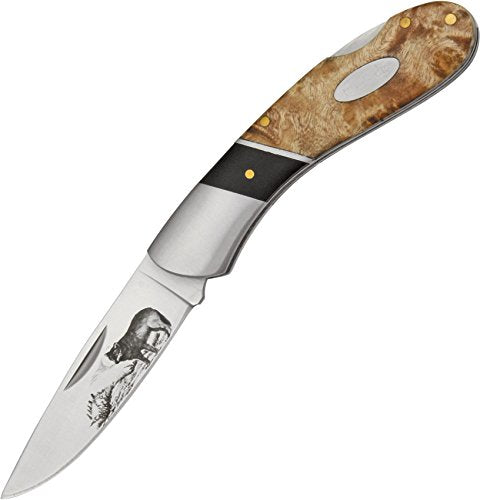 Master Cutlery Elk Ridge - Outdoors Manual Folding Knife - 3.25-in Satin Finish Stainless Steel Blade with Wolf Design, 2 Tone Burl Wood Handle with Lock Back, Hunting, Camping, EDC - ER-072W