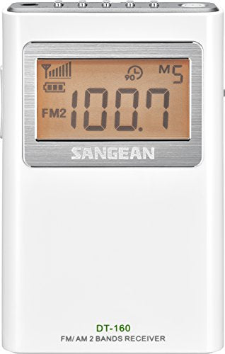 Sangean DT-160 AM/FM Stereo Pocket Radio with 100 Operating Hours on 2 AA Batteries, White
